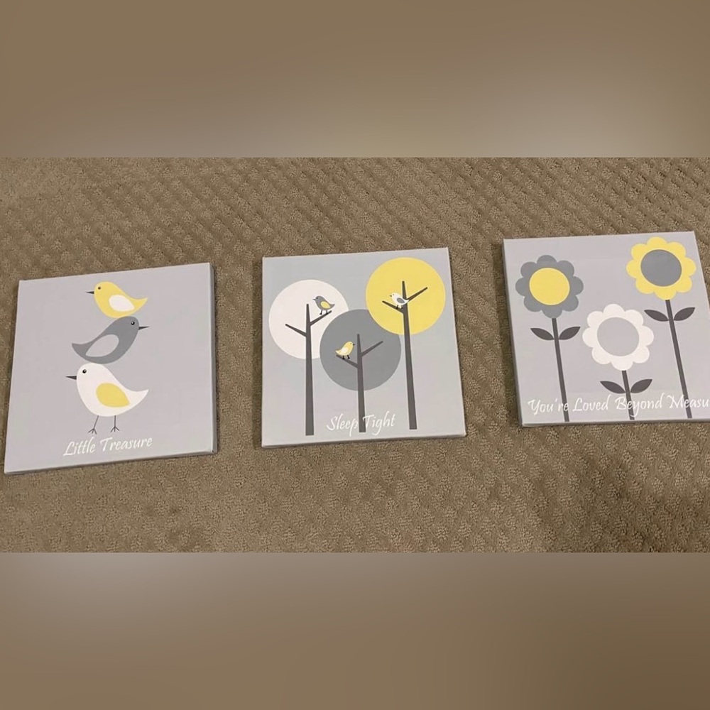 Gray and Yellow Bird Nursery Canvas Art